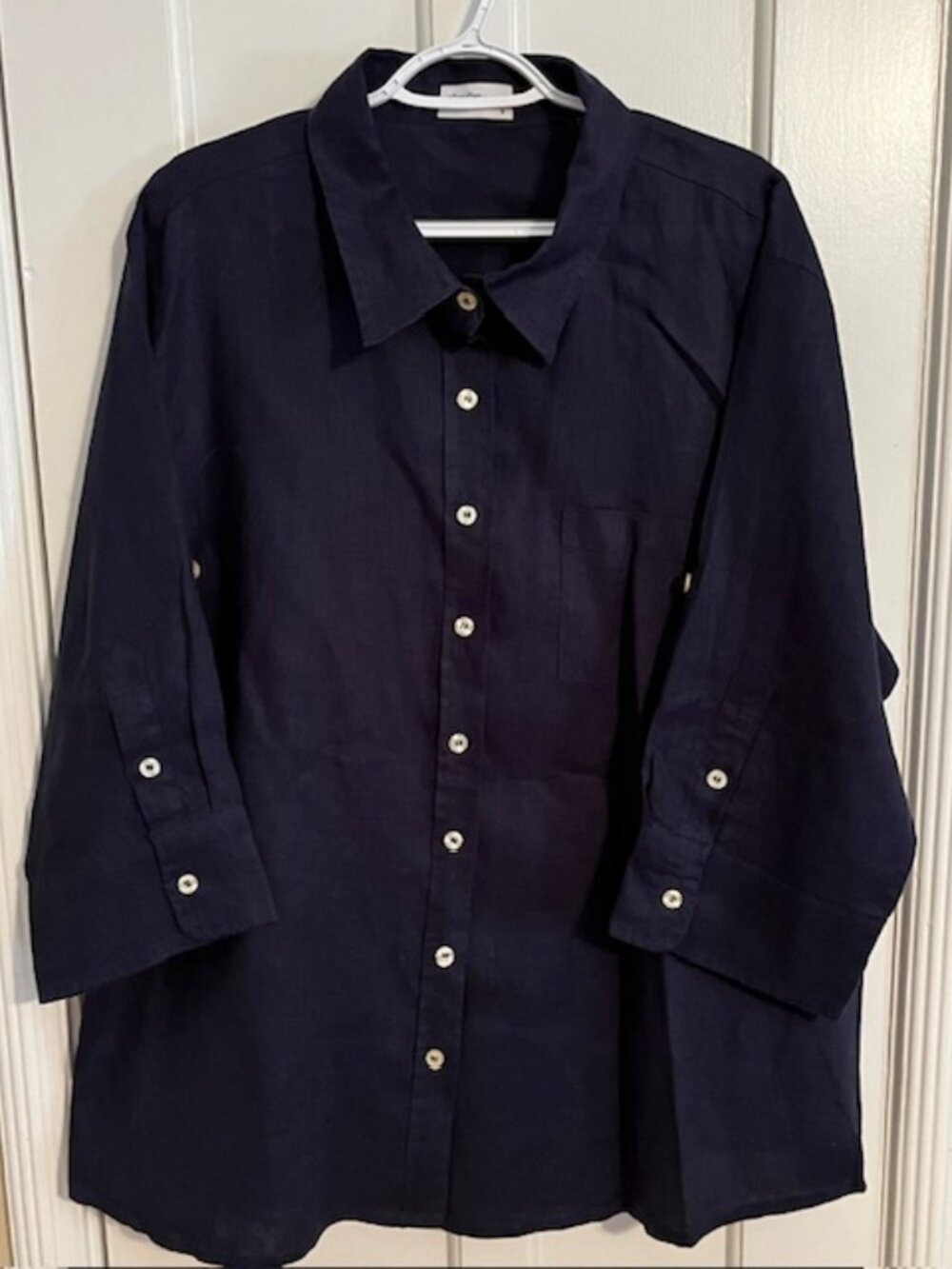 ALLEN ALLEN WOMEN'S LINEN BUTTONDOWN SHIRT, NAVY BLUE, 1X, JUST LIKE NEW!